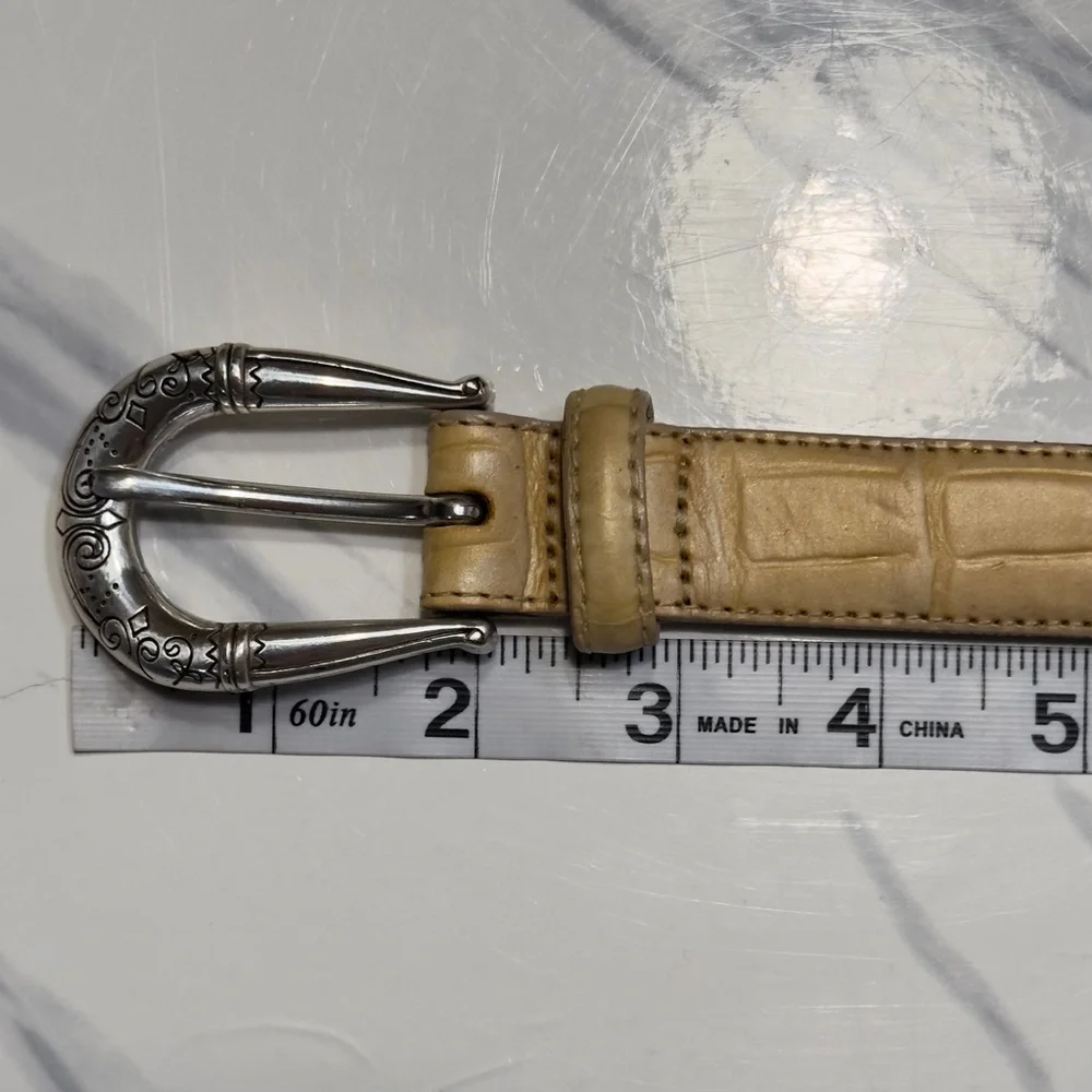 BRIGHTON | Silver Plated Buckle Tan Gold Croc Embossed Leather Belt Made In USA
